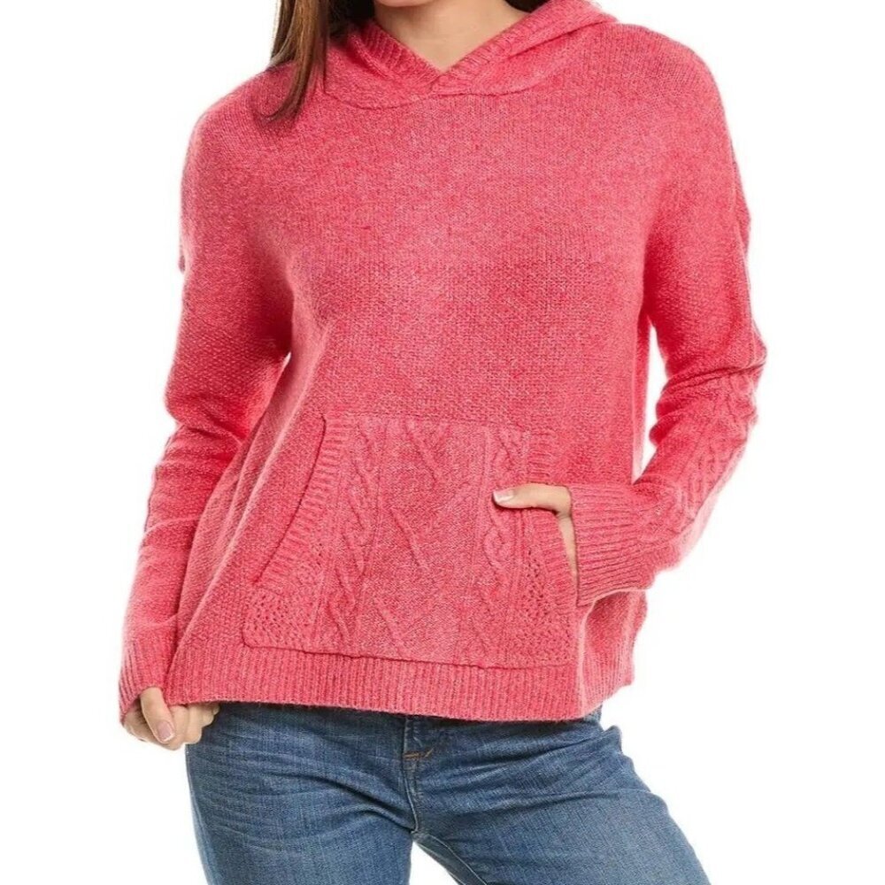 CABI Sidekick Hoodie Sweater in Pink Frost Sz XS #4473 Soft Cable Knit Pocket